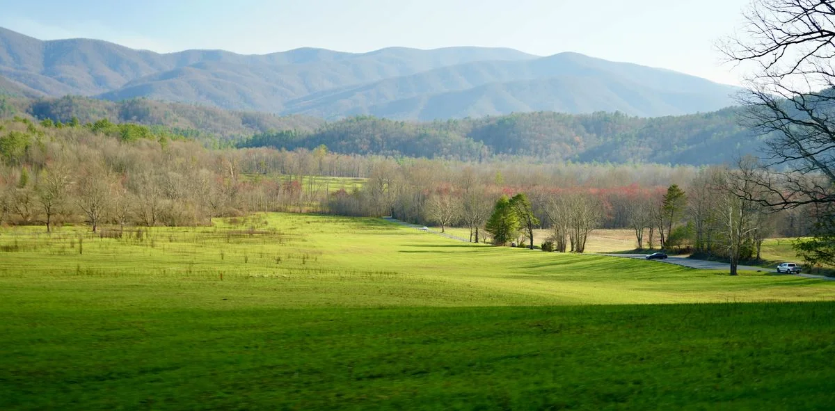 Cades Cove meadow with mountain ridges behind it