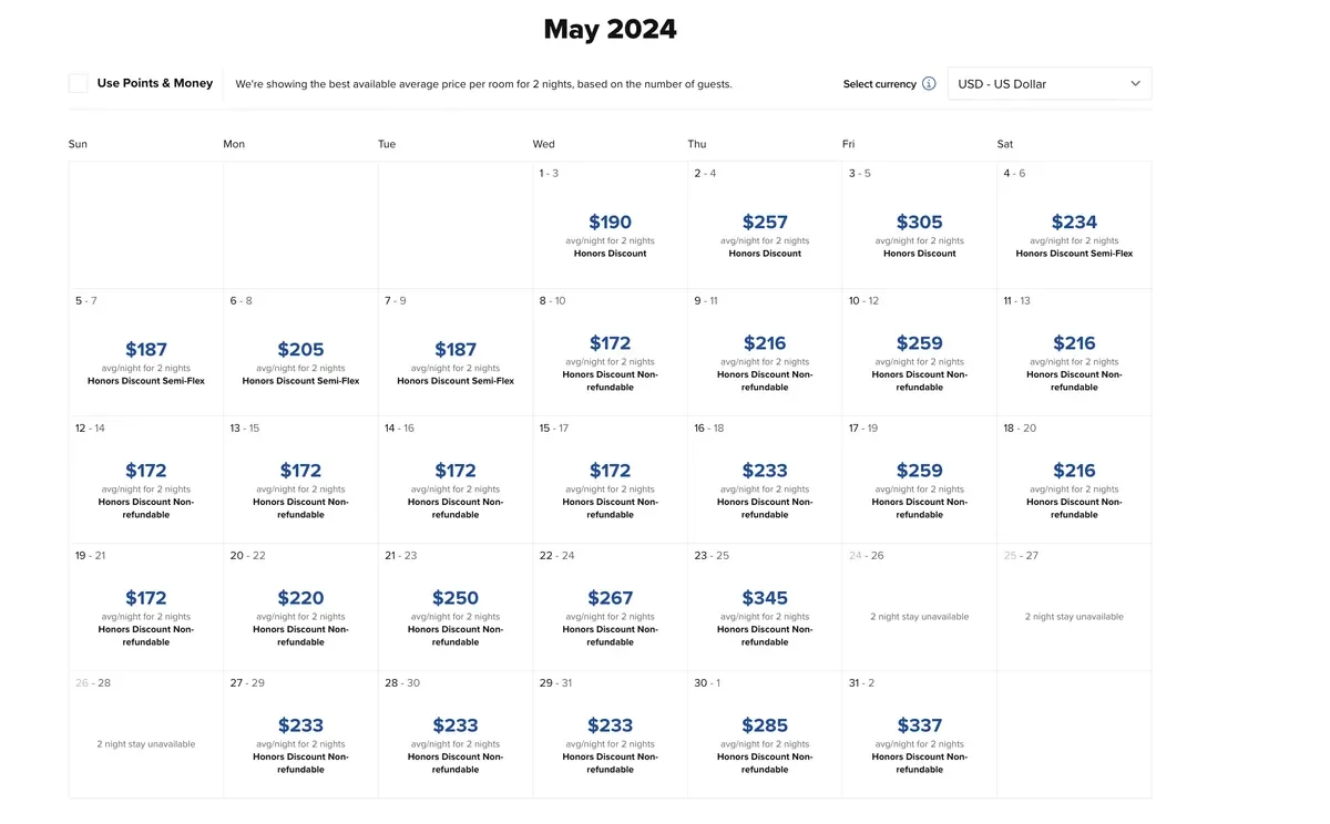 calendar view of embassy suites gatlinburg