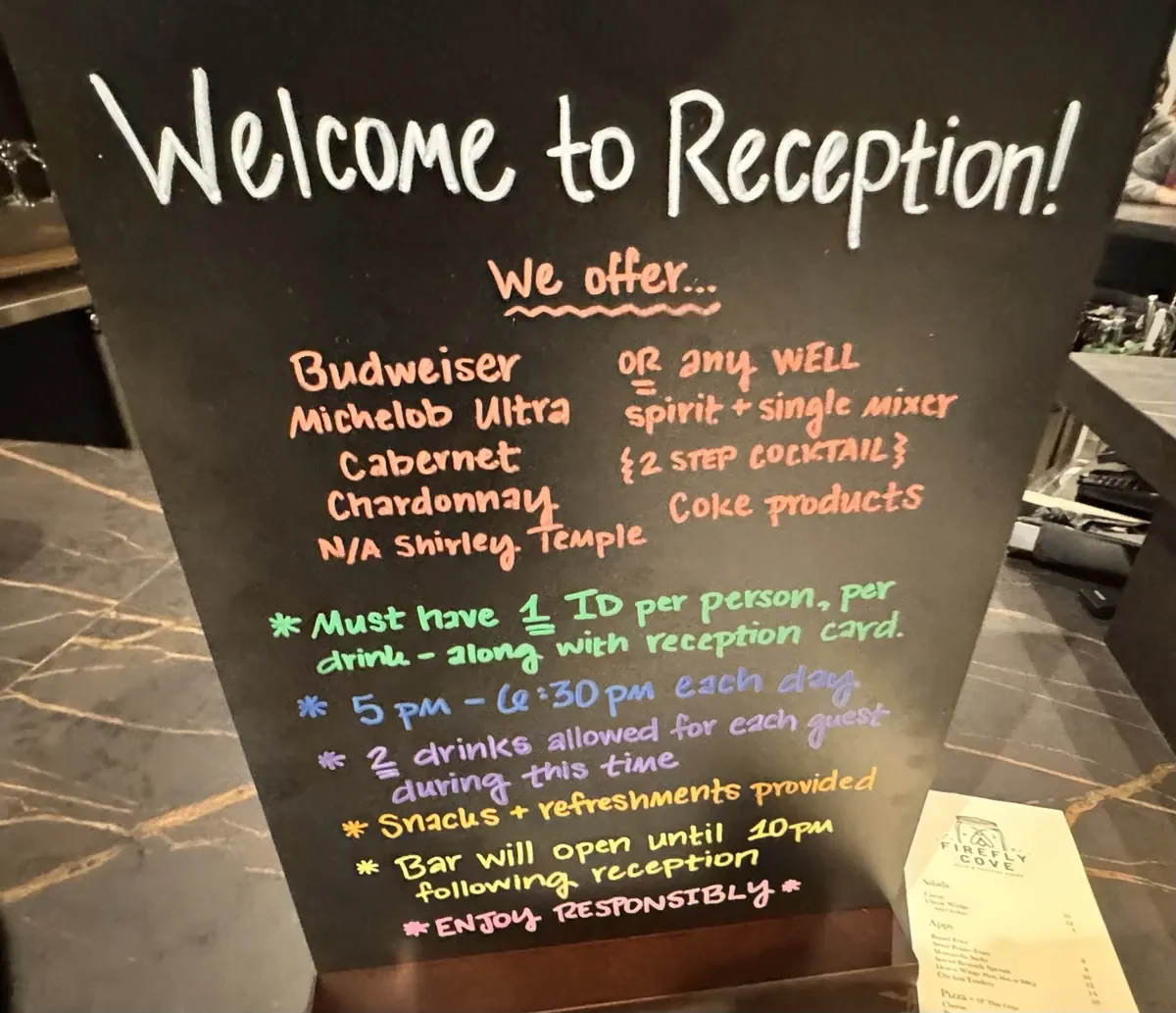 Evening reception menu Embassy Suites in Gatlinburg