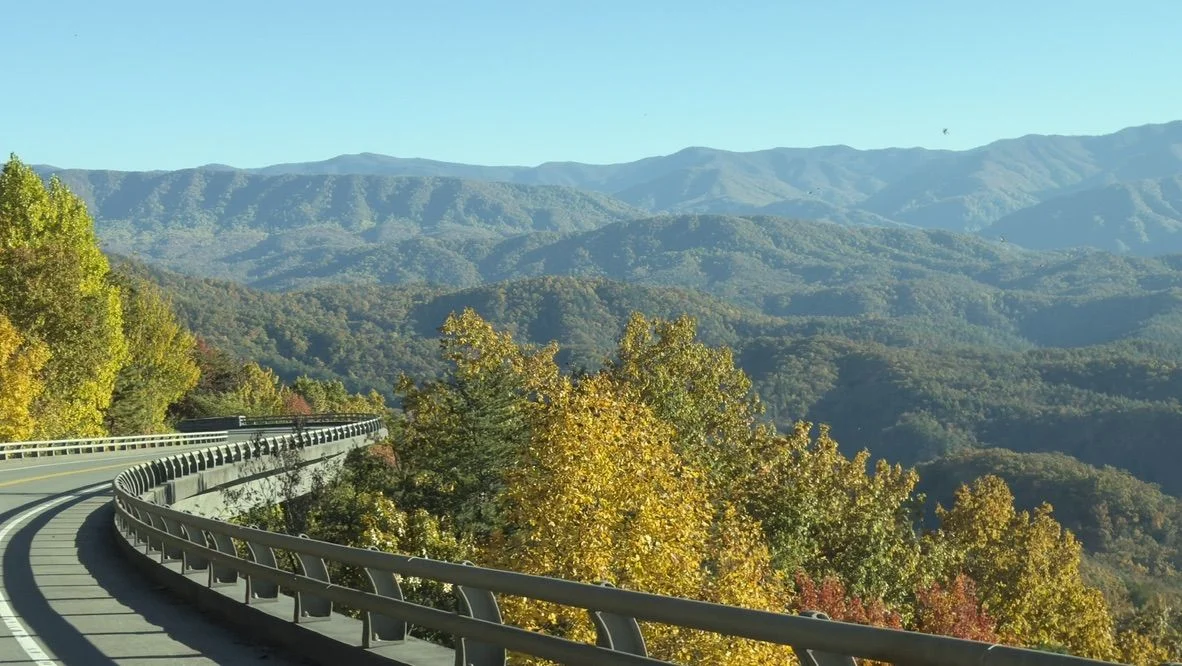 Curving viaduct along Foothills Parkway in fall