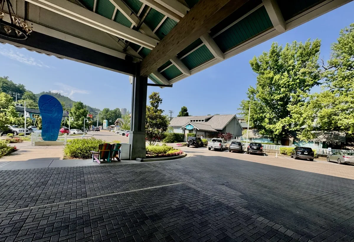 from front door of hotel looking outwards