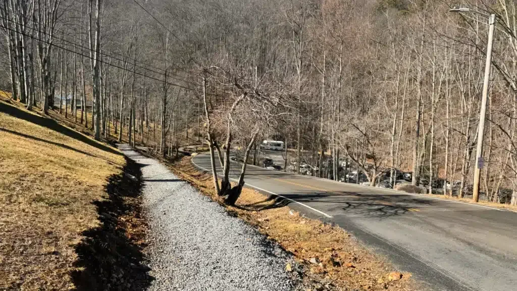 Ober Mountain gravel sidewalk down to parking lot 2