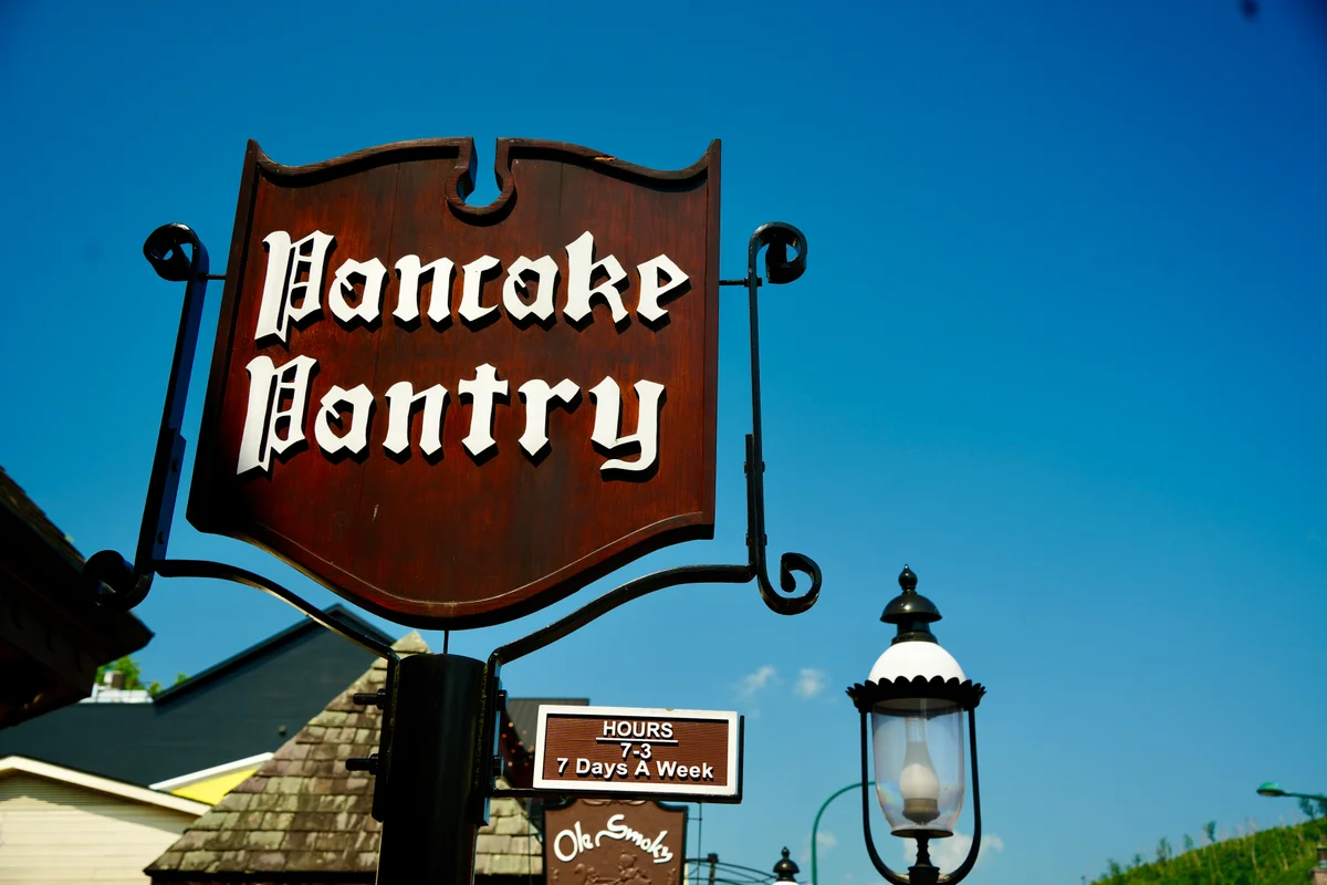 Wooden Pancake Pantry sign in downtown Gatlinburg