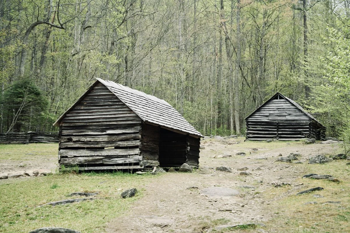 2 old cabins on the roaring fork trail i na field