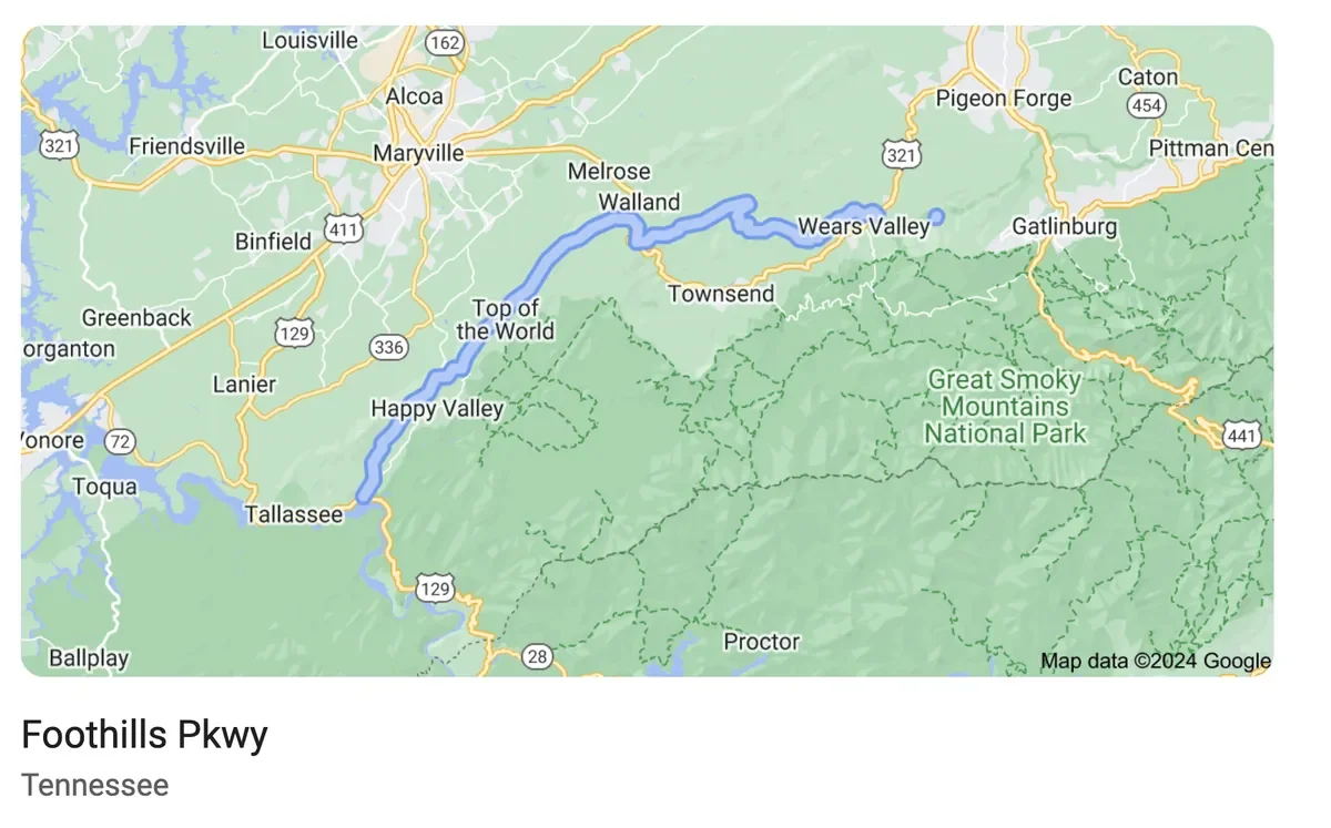 screenshot map of foothills parkway 