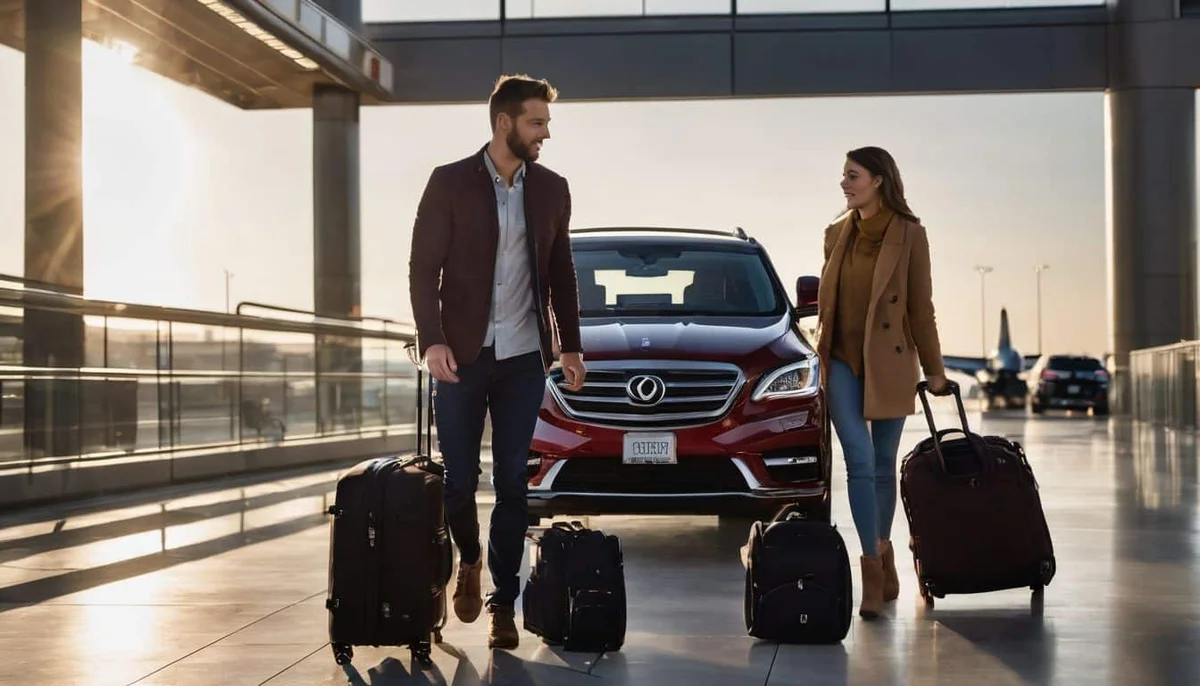 A diverse family poses next to a rental car at the airport, ready for their trip with luggage in hand.