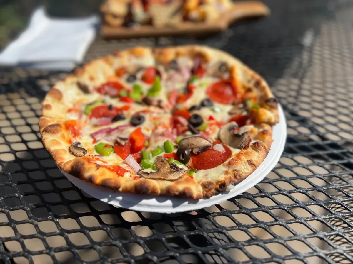 pizza on a outdoor table at townsend abbey