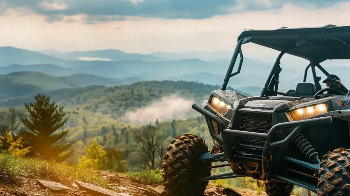 utv at wildside Smoky Mountain Adventure Park with smoky mountains in background