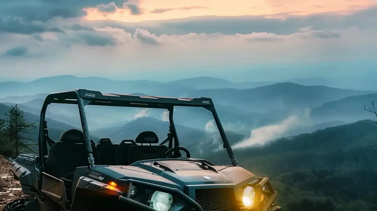 utv at wildside Smoky Mountain Adventure Park with smoky mountains in background