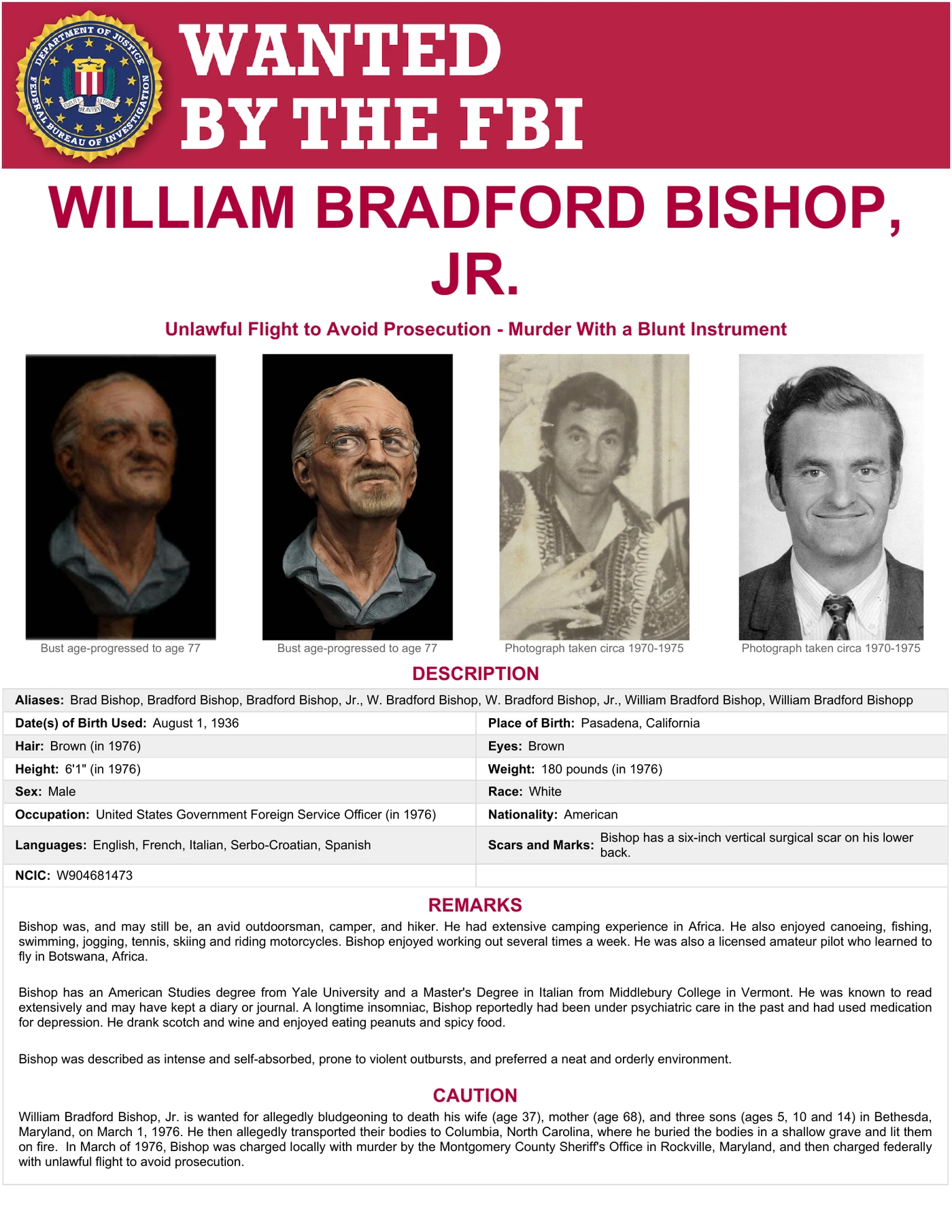 FBI wanted poster for William Bradford Bishop Jr. with photographs from the 1970s and age-progressed images
