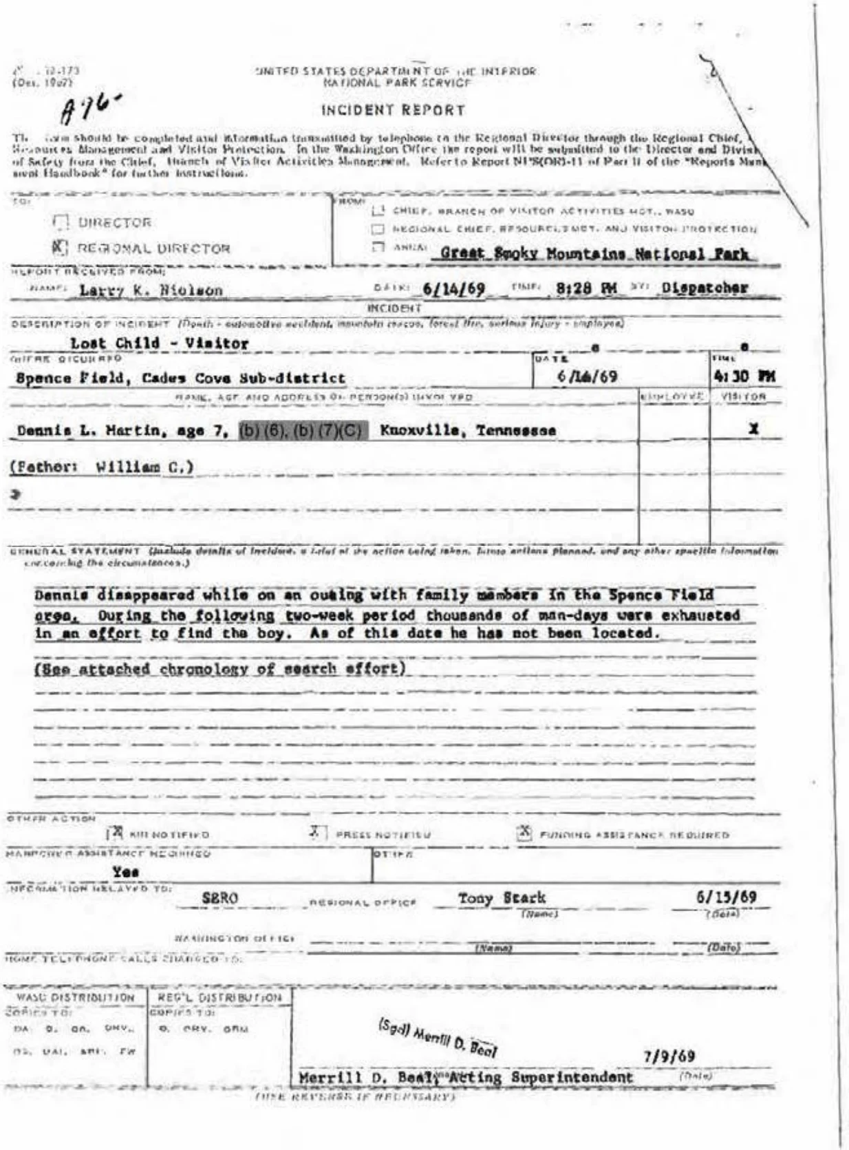 National Park Service incident report documenting Dennis Martin as a lost child at Spence Field on June 14, 1969