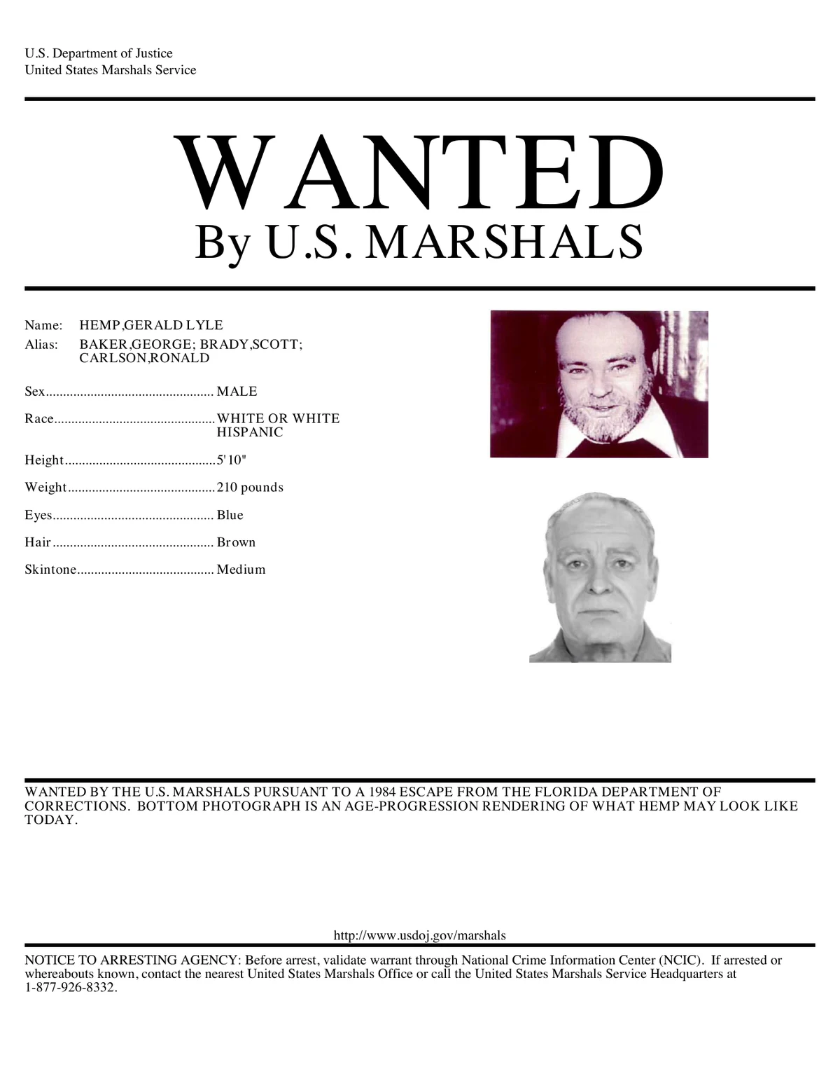 United States Marshals Service wanted poster for Gerald Lyle Hemp, including an age-progressed image