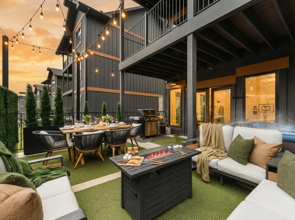 Cozy outdoor dining area with fire pit