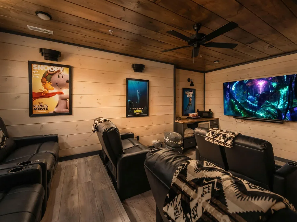 Cozy home theater with movie posters