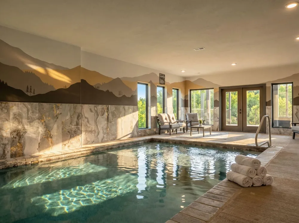 Indoor pool with scenic mountain mural