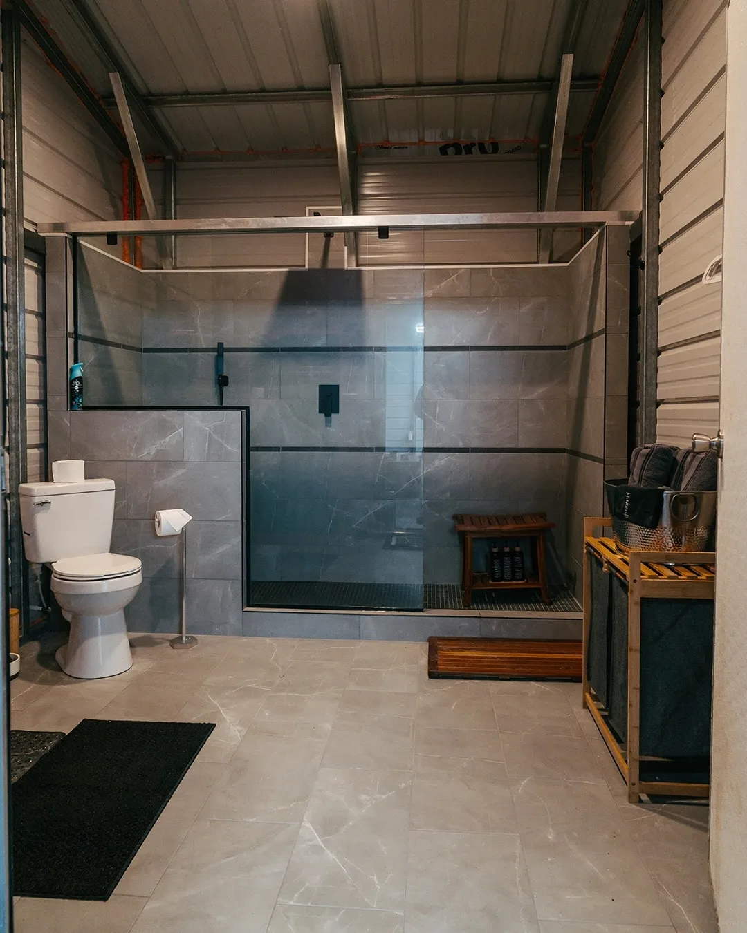 An industrial-style private bath