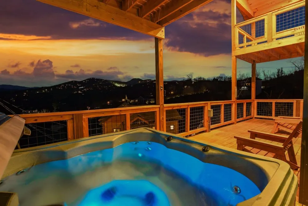 Hot tub with mountain sunset view