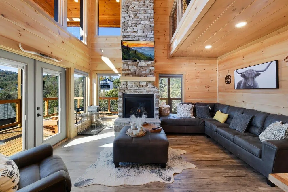 Cozy living room with stone fireplace