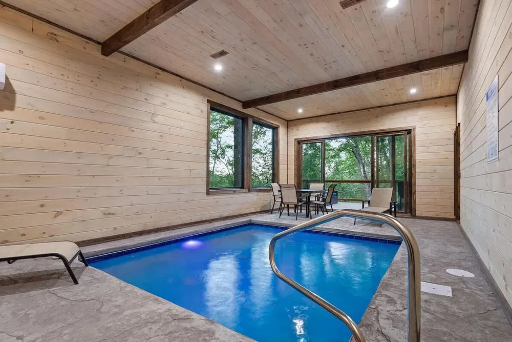 Indoor pool with seating area