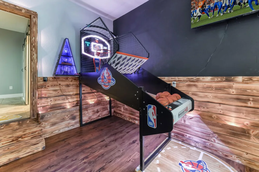 Indoor basketball arcade game setup