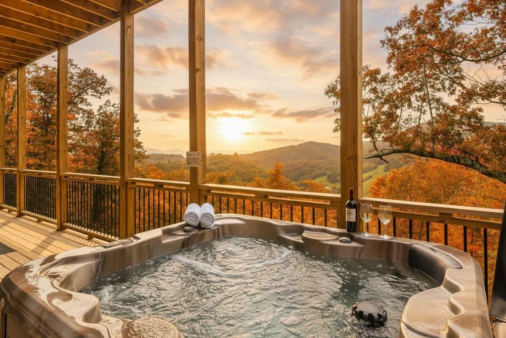 Hot tub with mountain sunset views