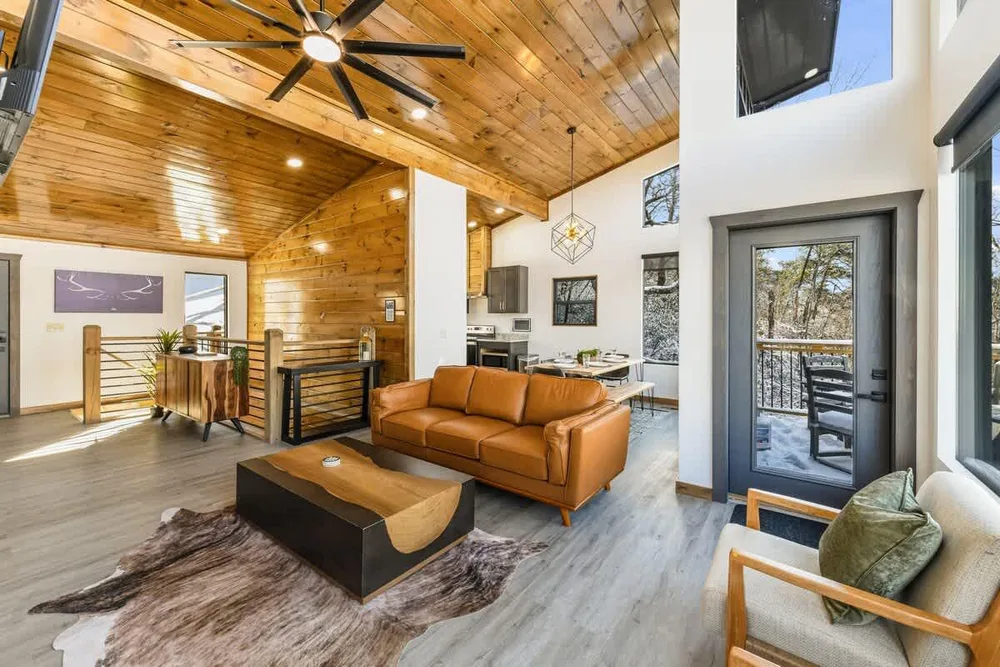 Modern cabin interior with open living space