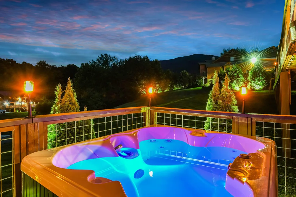 Hot tub with evening mountain view