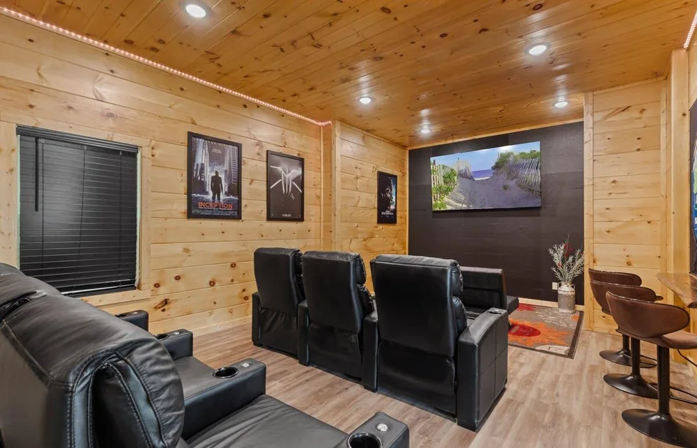 Home theater room with leather seating