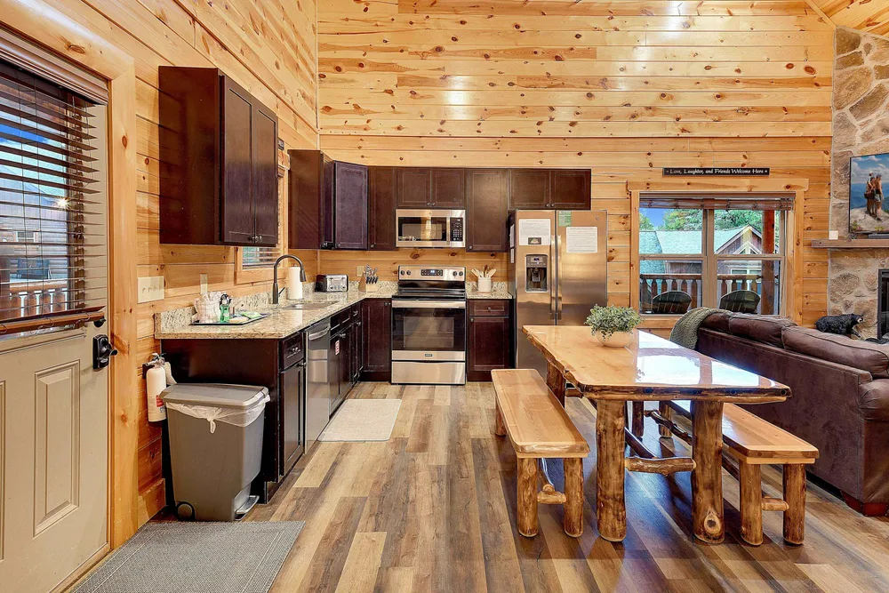 Cozy cabin interior with kitchen and dining