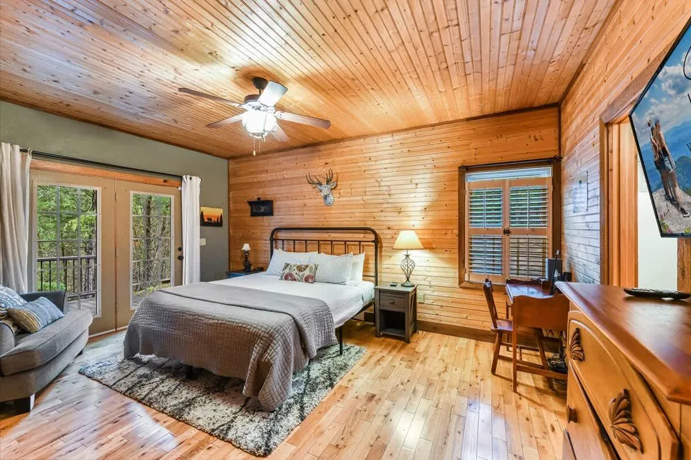 Cozy cabin bedroom with wooden decor
