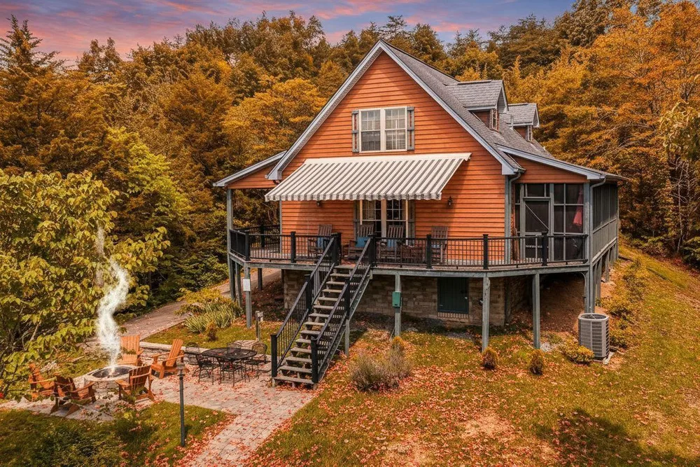 Cozy cabin with fire pit and porch