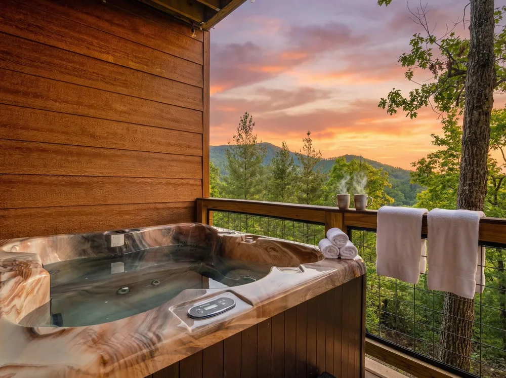 Hot tub on balcony with mountain view