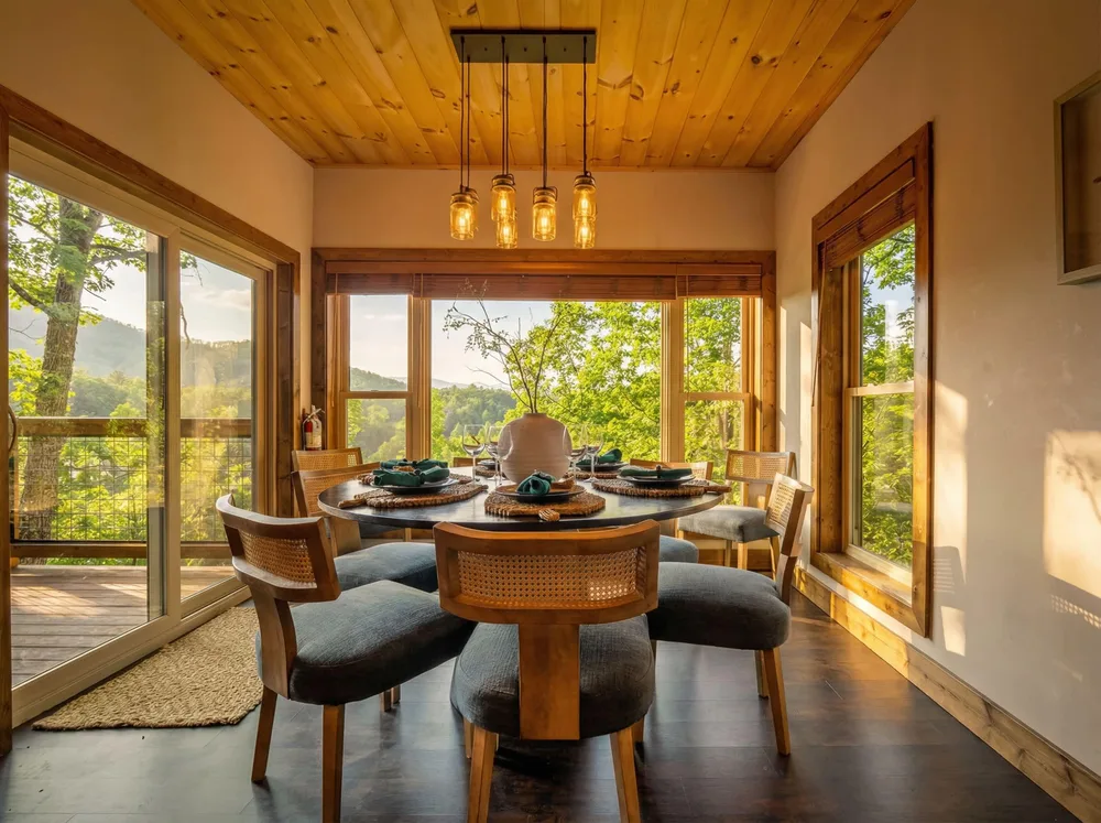 Dining area with mountain view windows