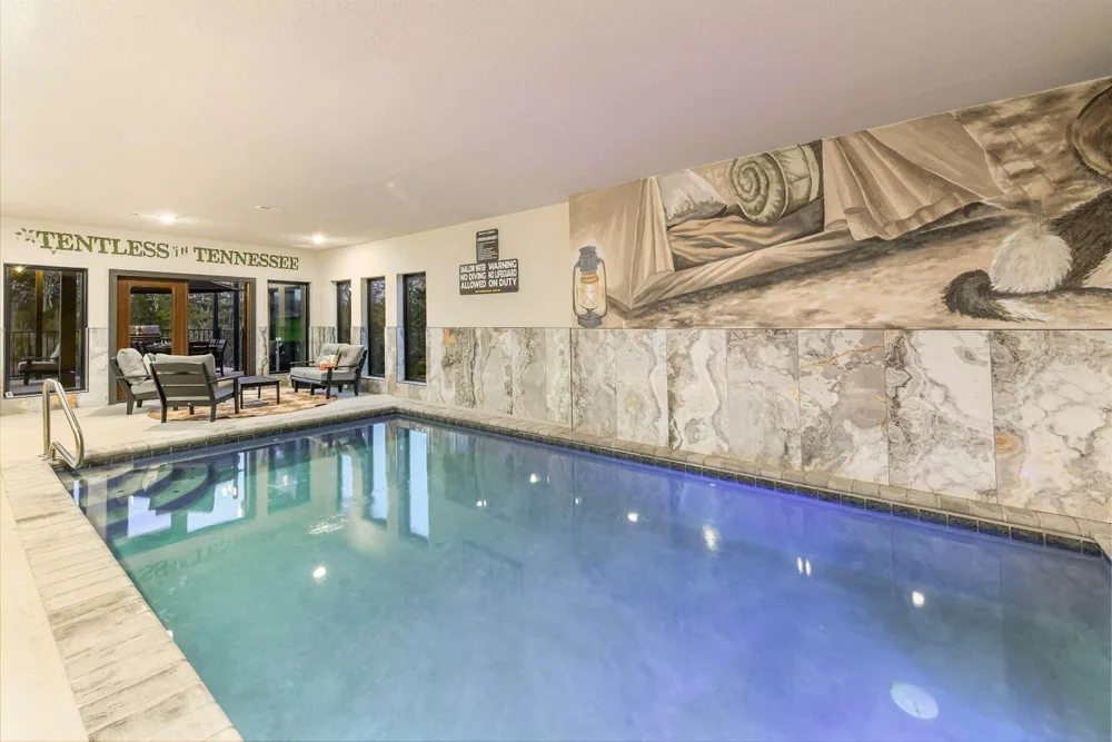 Indoor pool with decorative mural