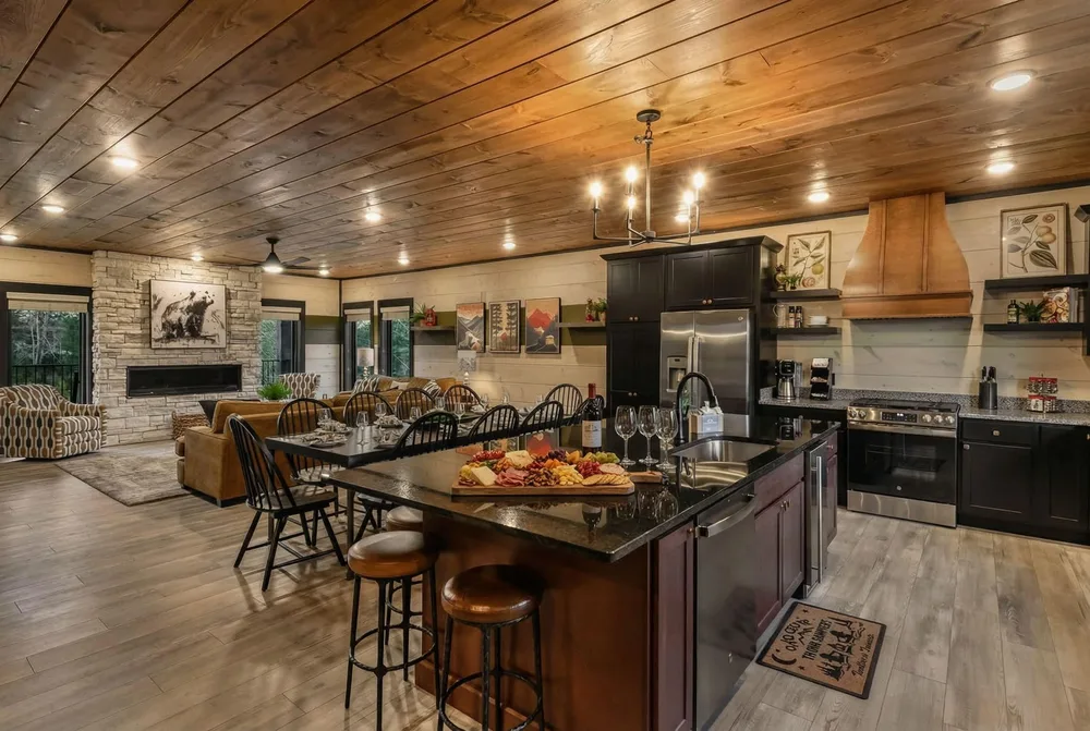 Warm cabin kitchen and dining area