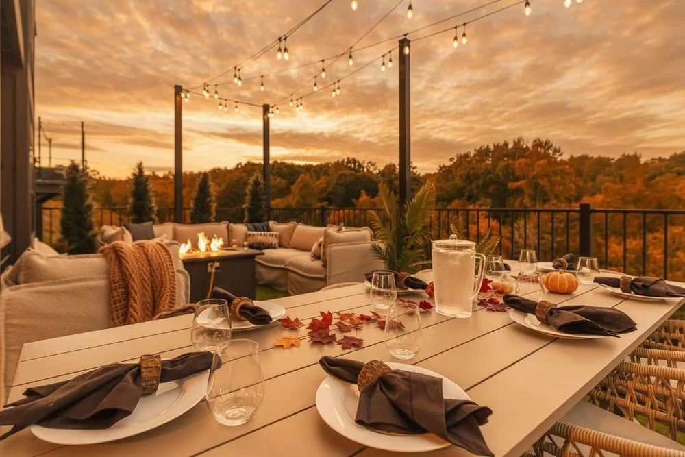 Outdoor dining area with fall backdrop