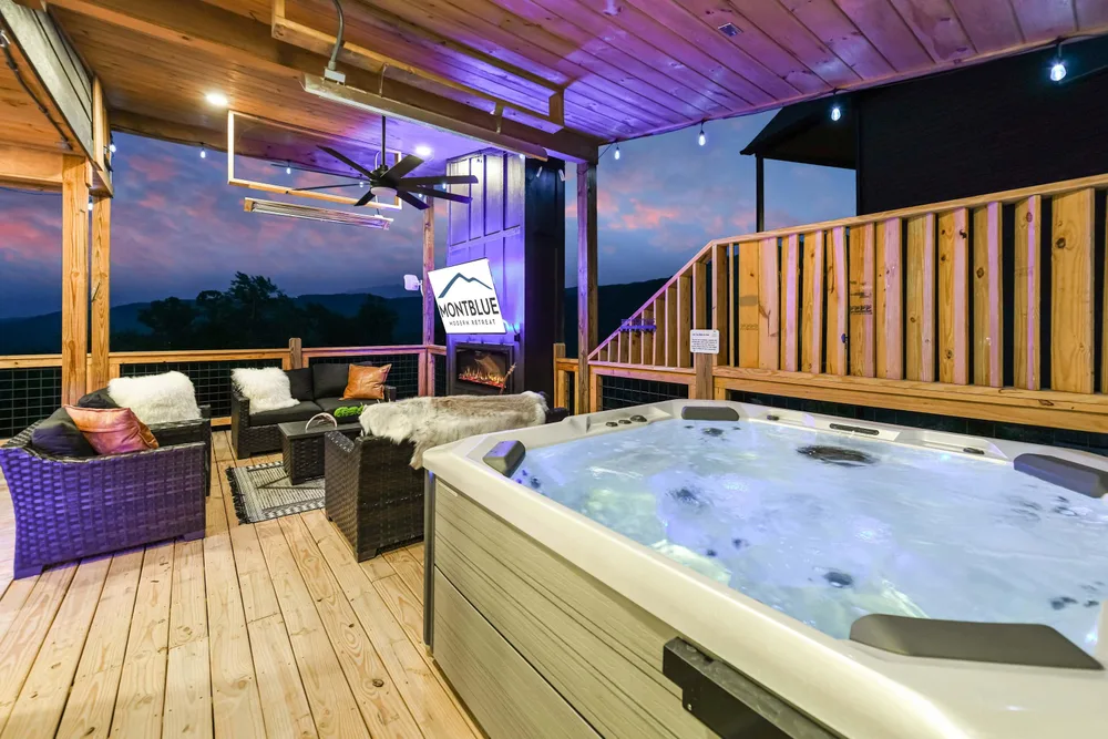 Outdoor hot tub with mountain view