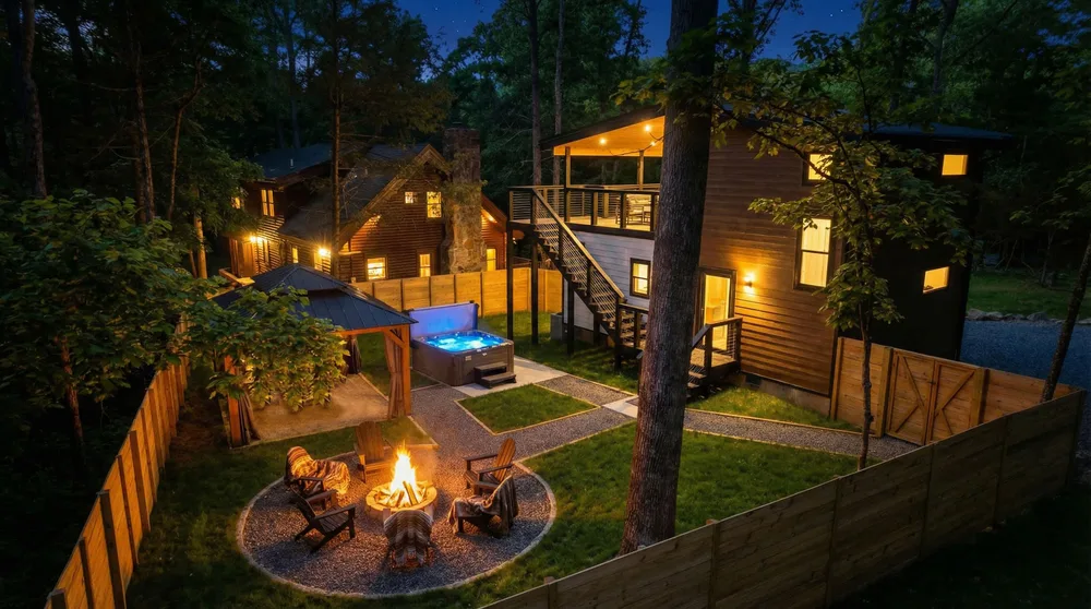 Cabin with outdoor fire pit and hot tub