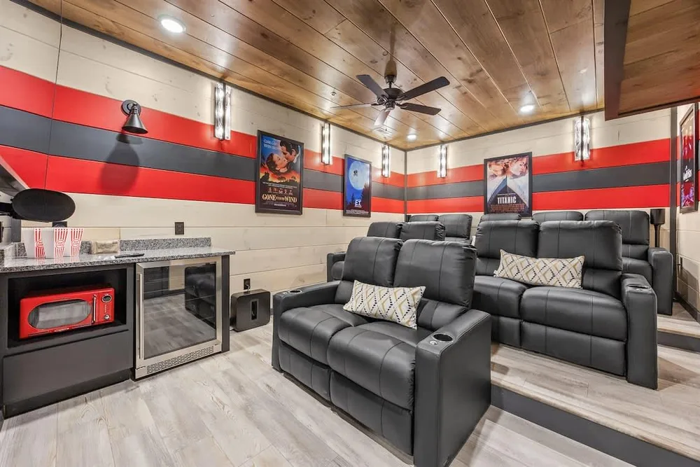 Home theater with reclining seats and snacks