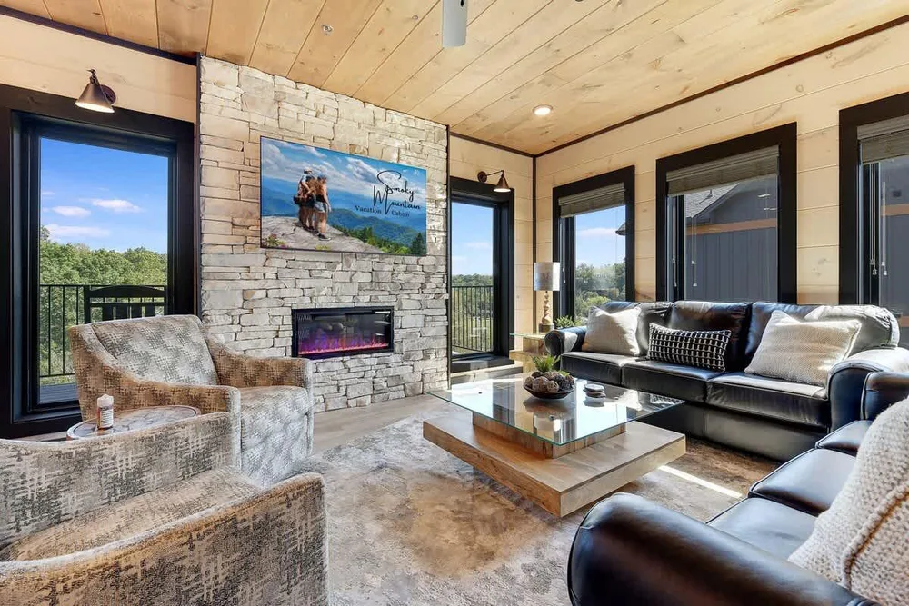 Modern living room with stone fireplace