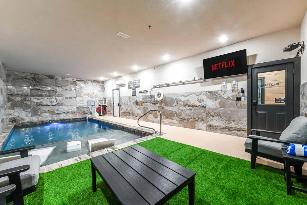 Indoor pool area with Netflix access