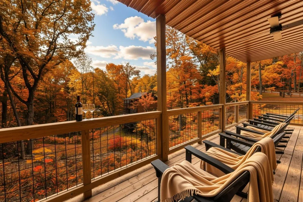 Covered porch overlooking autumn foliage