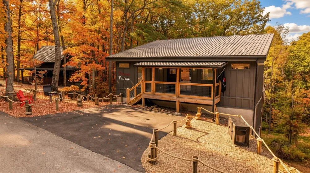 Cabin surrounded by autumn foliage