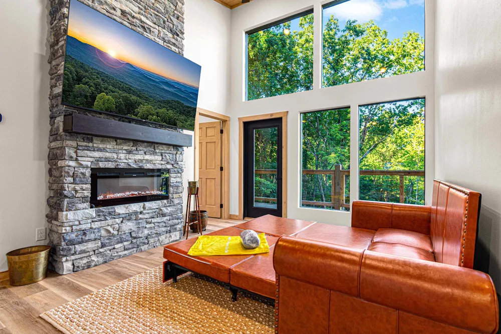 Cozy living room with stone fireplace
