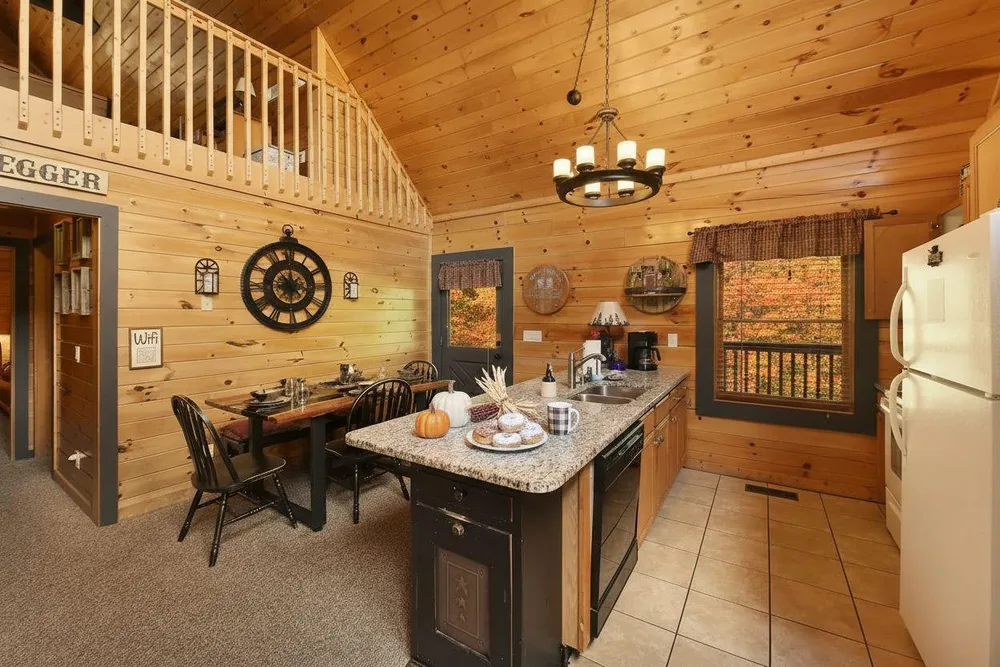Cozy cabin kitchen and dining area