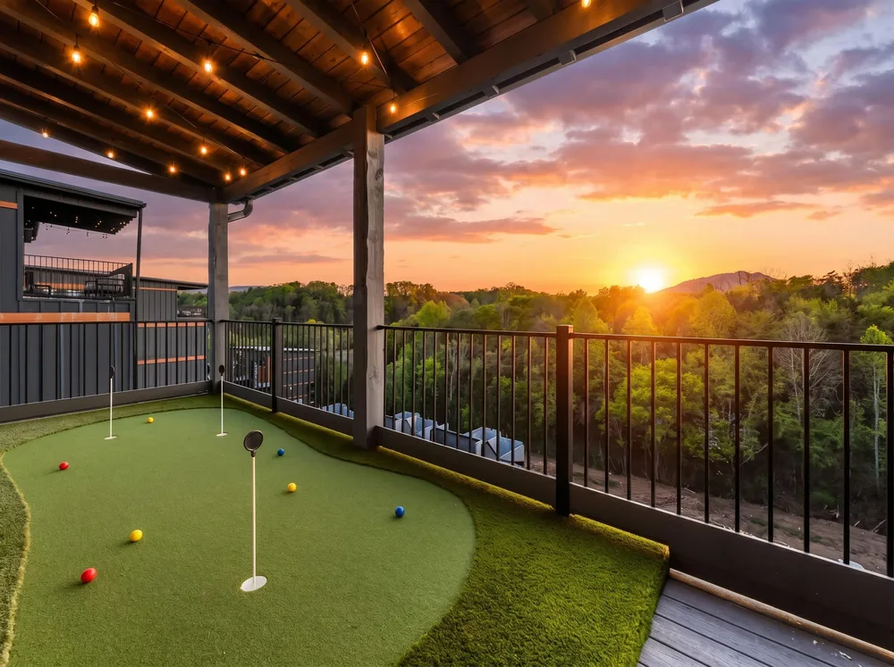 Rooftop putting green with sunset view