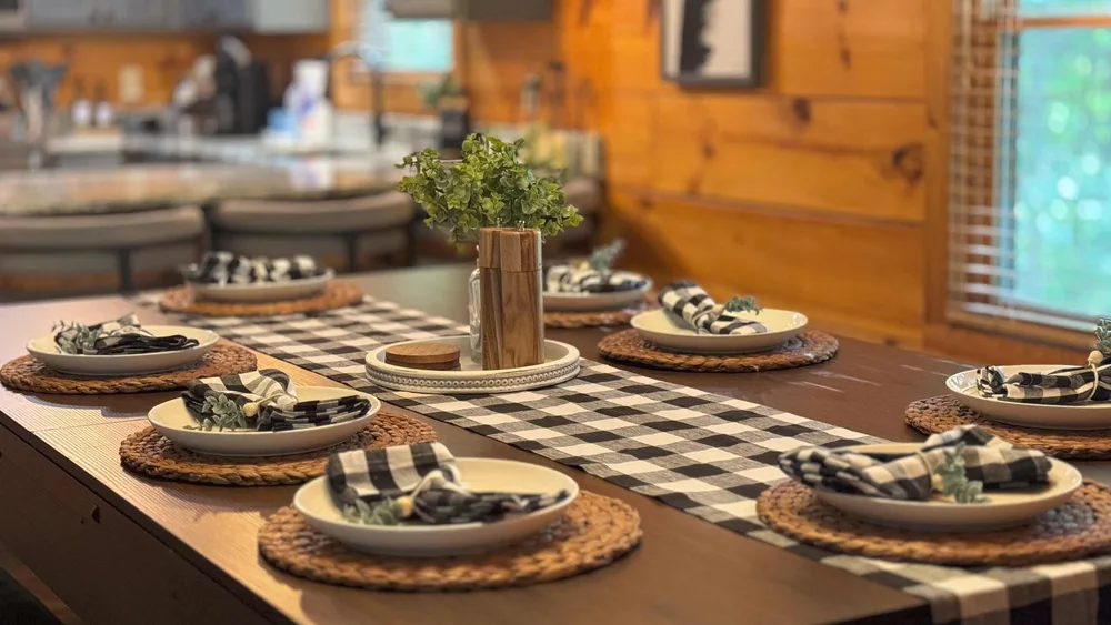 Dining table set for eight guests