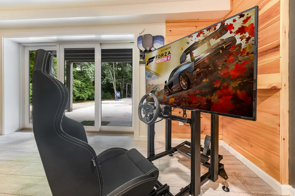 Racing simulator setup in cabin space