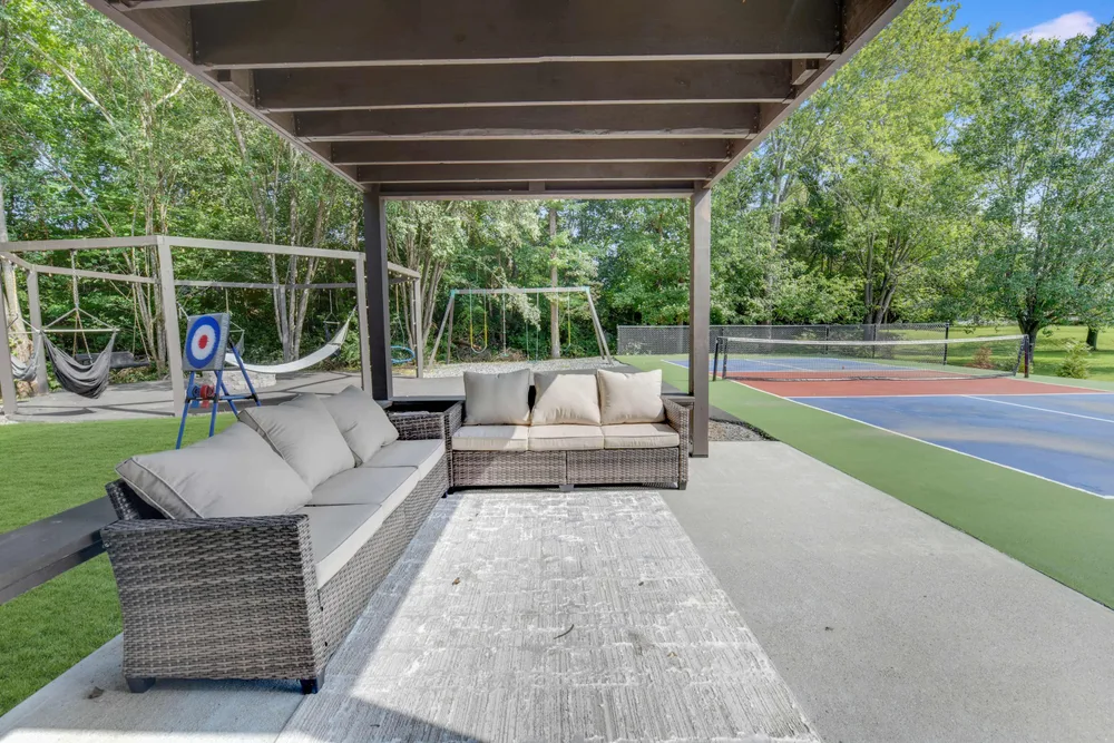 Outdoor lounge area near sports court