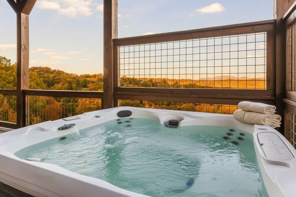 Hot tub with scenic mountain view